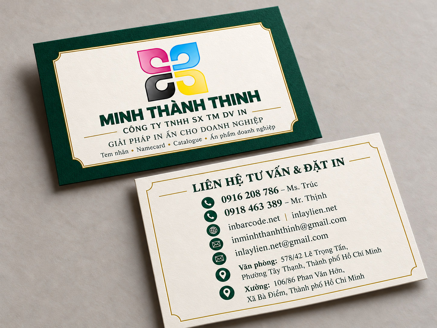 Namecard Minh Thành Thịnh xanh lục bảo và kem cao cấp