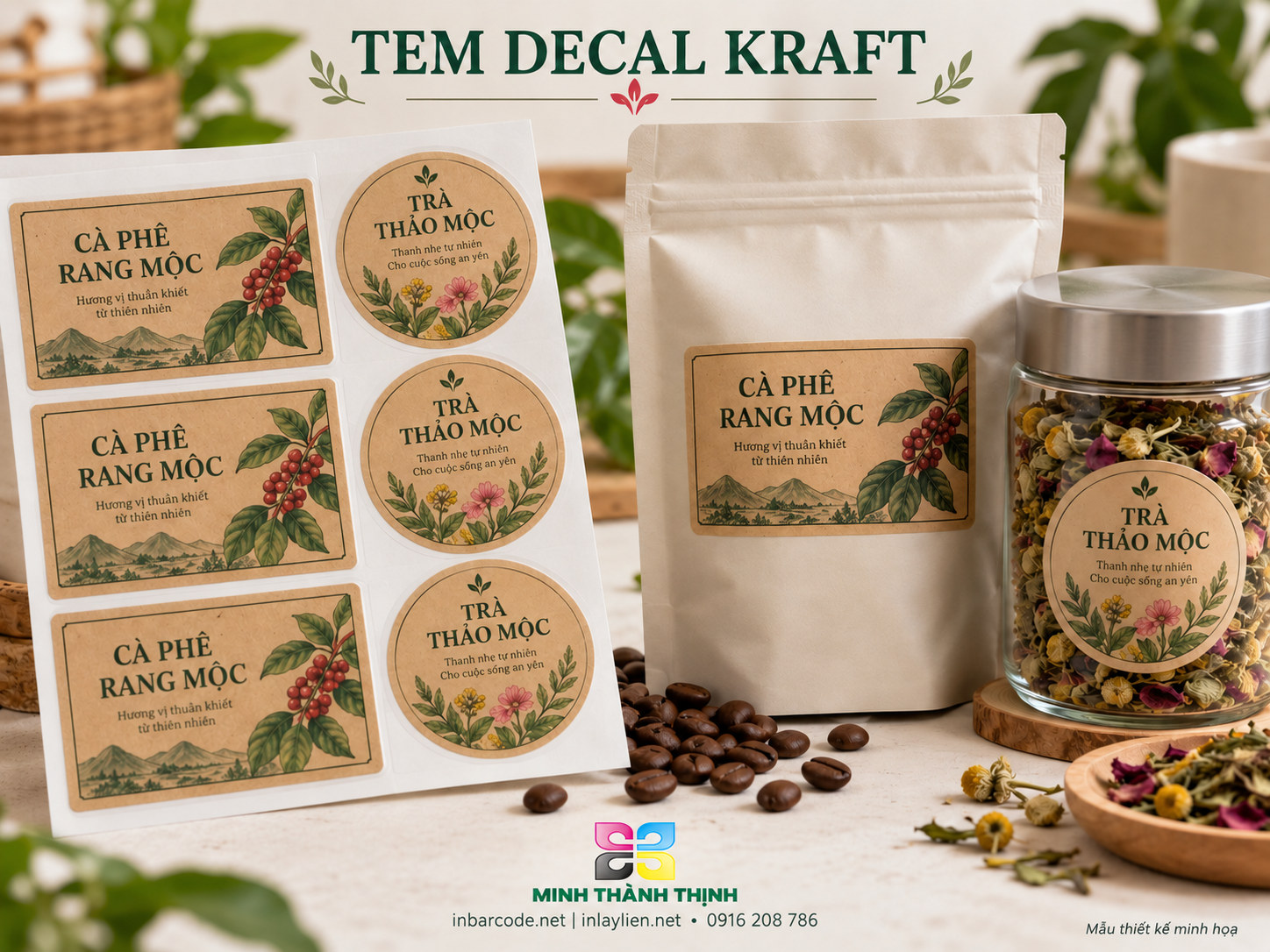 Mẫu minh họa tem giấy kraft trên túi cà phê