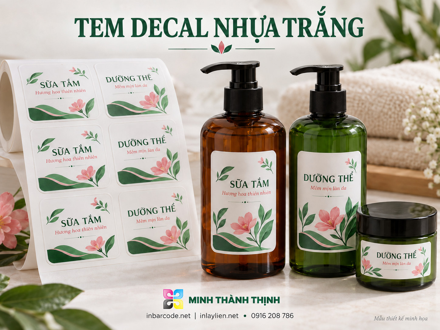Mẫu minh họa tem decal nhựa PVC trên chai mỹ phẩm