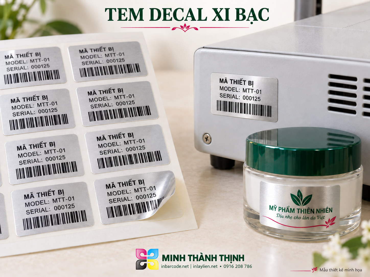 Mẫu minh họa tem decal xi bạc trên thiết bị