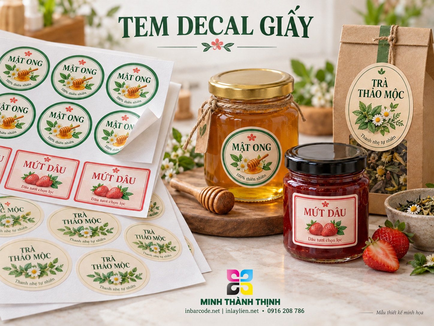 Mẫu minh họa tem decal giấy trên hũ mật ong và tờ tem