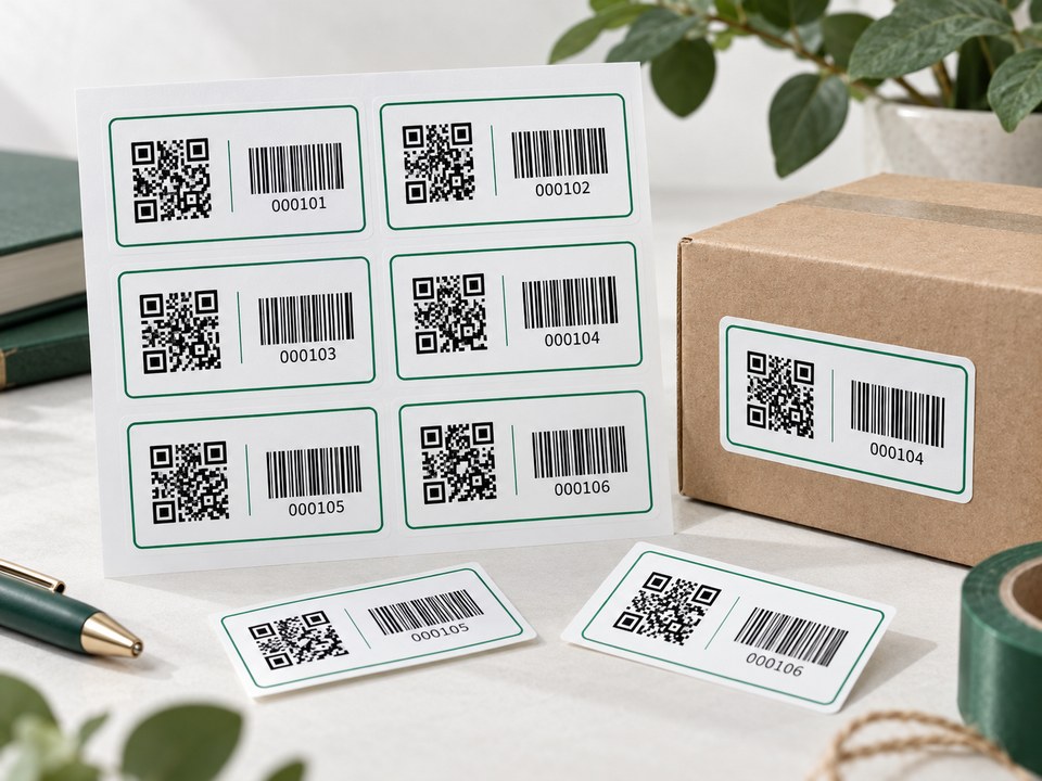 Mẫu minh họa tem barcode QR và số serial biến đổi